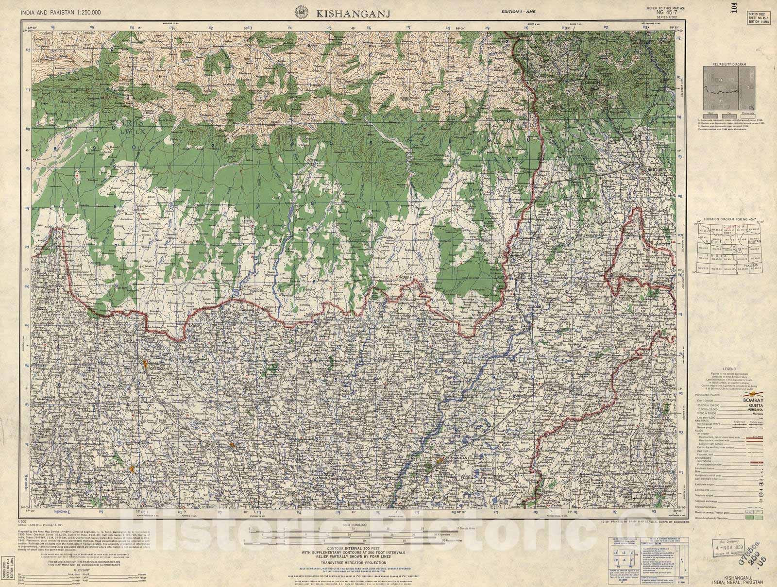 Historic 1955 Map - India and Pakistan 1:250,000. - Kishanganj, India, Nepal, Paksitan 1963