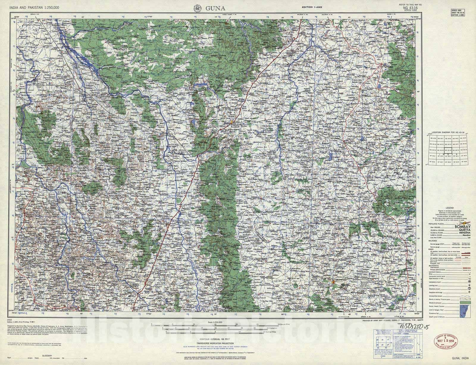 Historic 1955 Map - India and Pakistan 1:250,000. - Guna, India, 1959