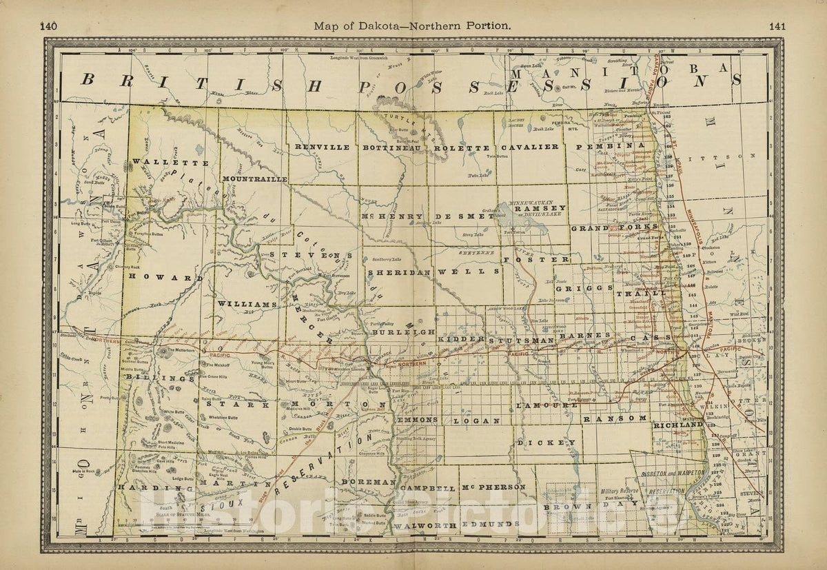 Historic 1882 Map - Historical Hand-Atlas, Illustrated - Map of Dakota - Southern Portion - Historical Hand Atlas, Illustrated, General & Local