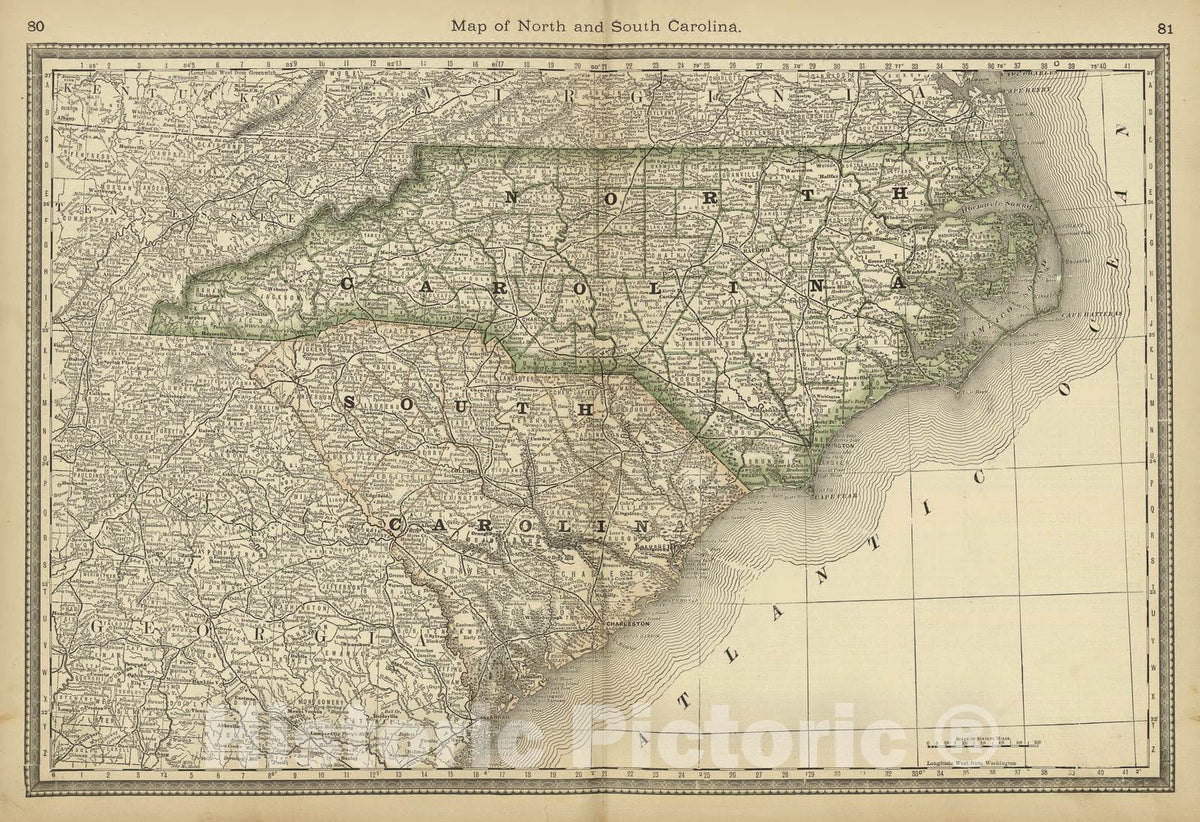 Historic 1882 Map - Historical Hand-Atlas, Illustrated - Map of North and South Carolina - Historical Hand Atlas, Illustrated, General & Local