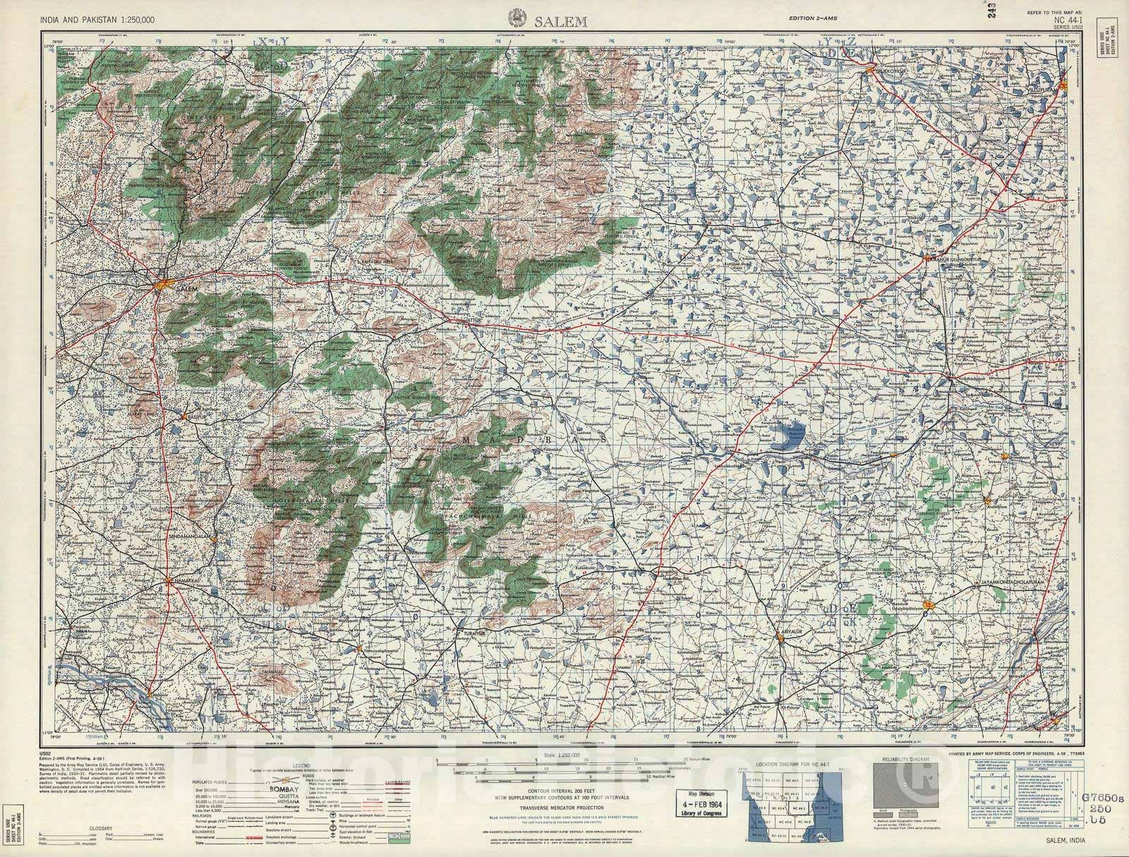 Historic 1955 Map - India and Pakistan 1:250,000. - Salem, 1959