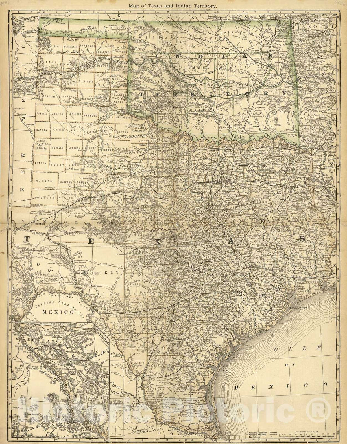 Historic 1882 Map - Historical Hand-Atlas, Illustrated - Map of Texas and Indian Territory - Historical Hand Atlas, Illustrated, General & Local