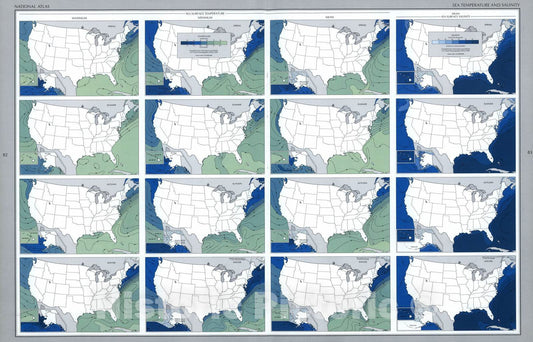Historic 1970 Map - The National Atlas of The United States of America. - Sea Tempuratures and Salinity