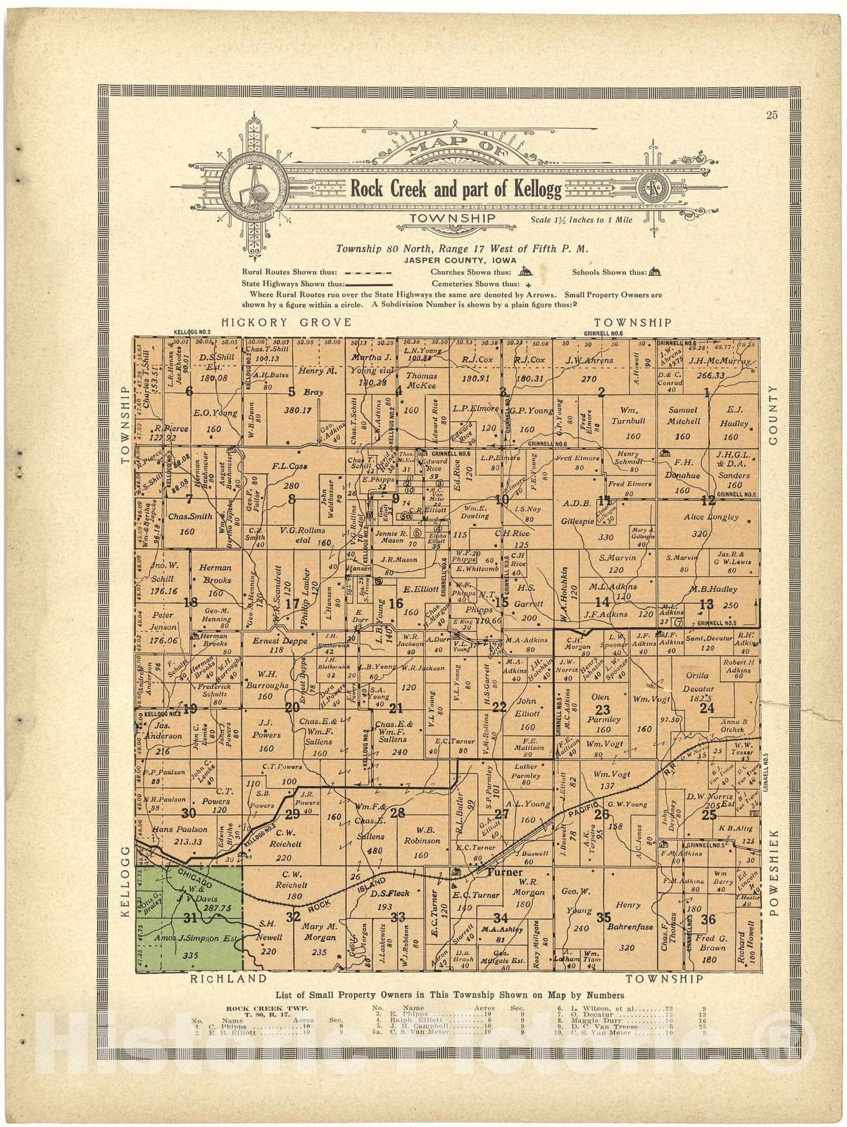 Historic 1914 Map - Atlas and plat Book of Jasper County, Iowa - Map of Rock Creek and Part of Kellogg Township - Standard Atlas and Directory of Jasper County, Iowa