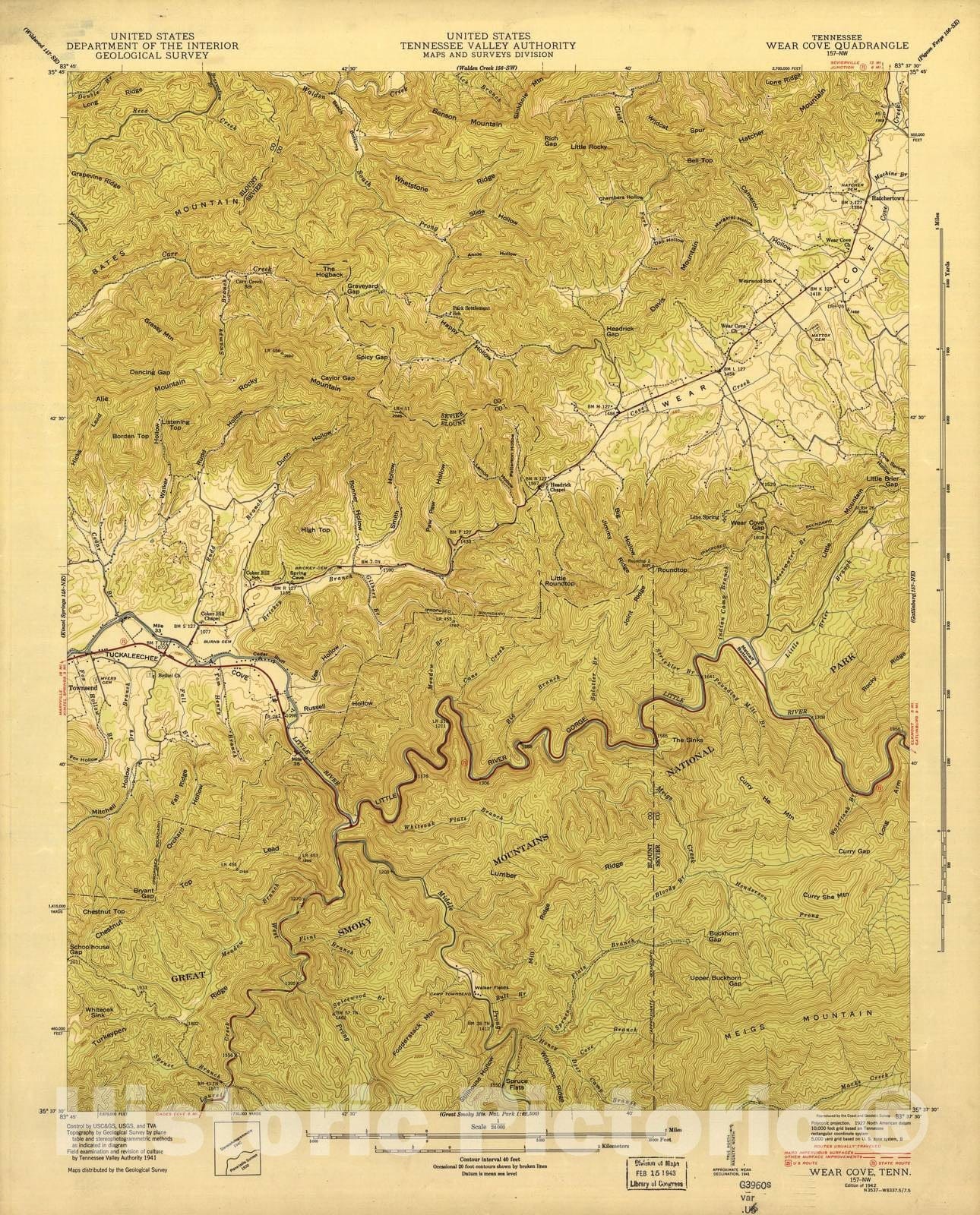 Historic 1935 Map - Tennessee. - Scale 1:24,000 (1942) - Wear Cove