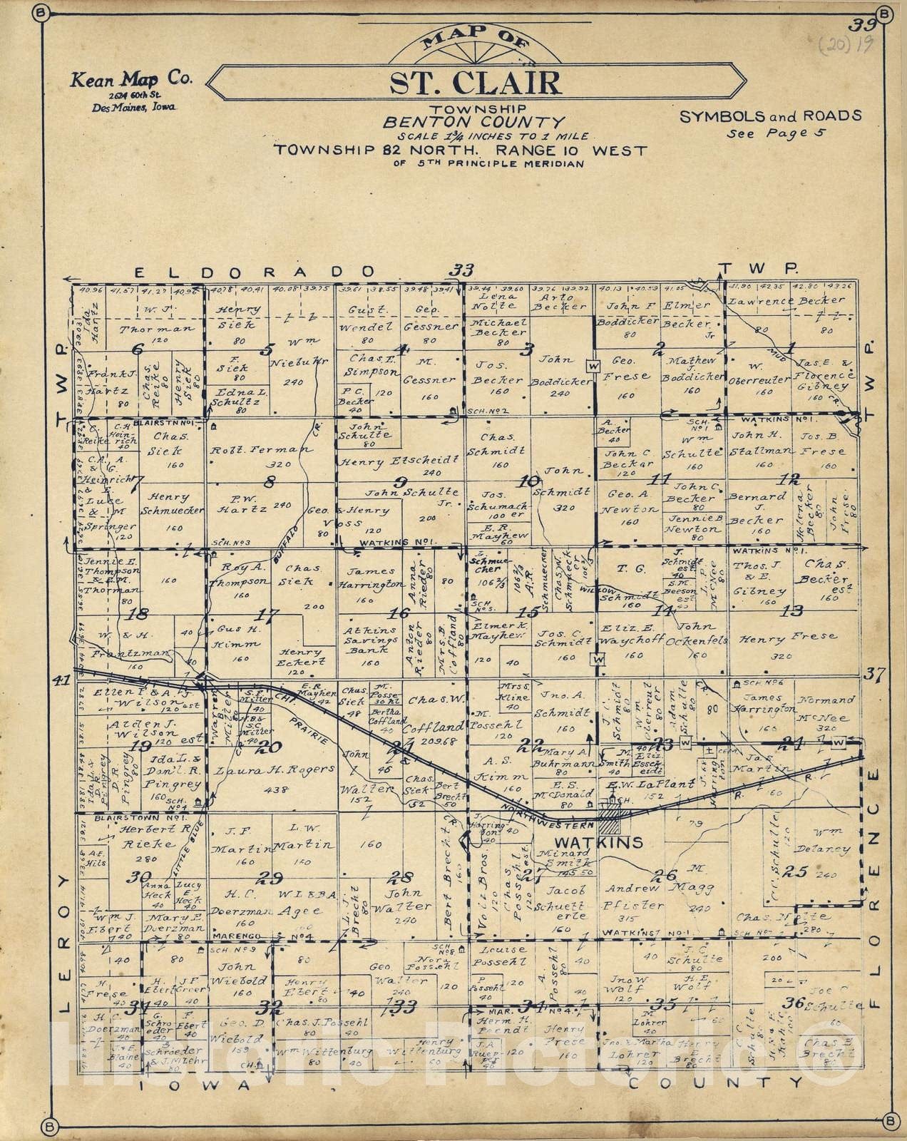 Historic 1930 Map - Atlas of Benton County, Iowa. - St. Clair Township