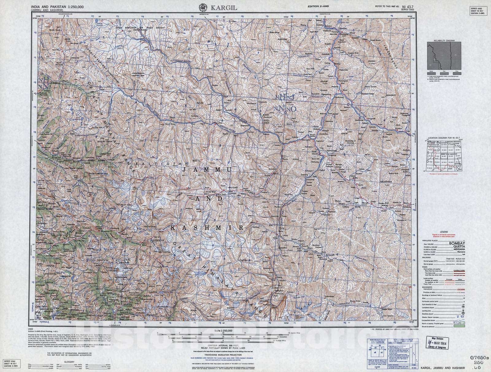 Historic 1955 Map - India and Pakistan 1:250,000. - Kargil, Jammu and Kashmir 1963