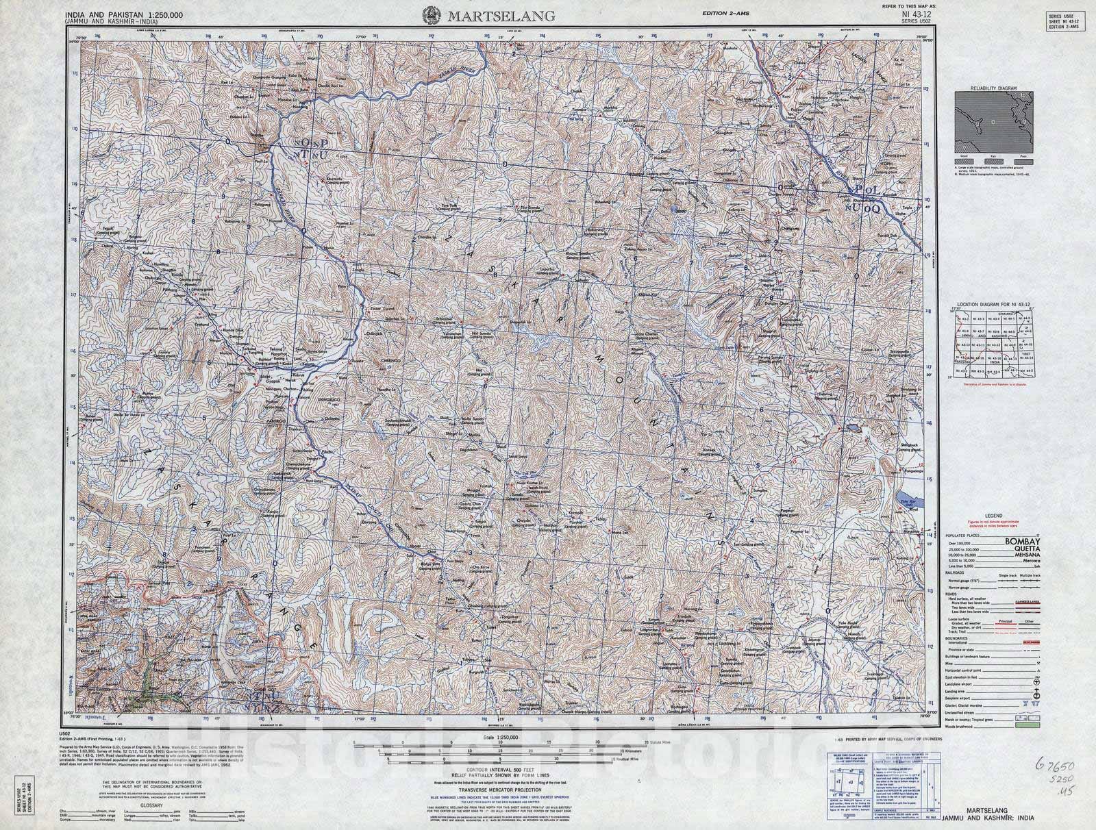 Historic 1955 Map - India and Pakistan 1:250,000. - Marteslang, Jammu and Kashmir, India 1955 1