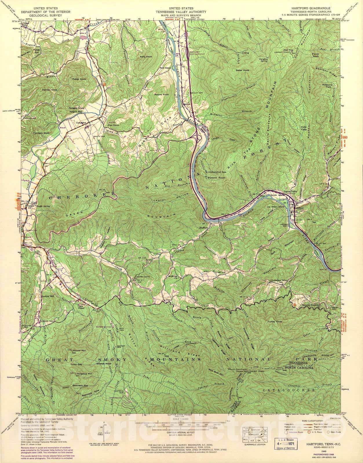 Historic 1935 Map - Tennessee. - Scale 1:24,000 (1968) - Hartford