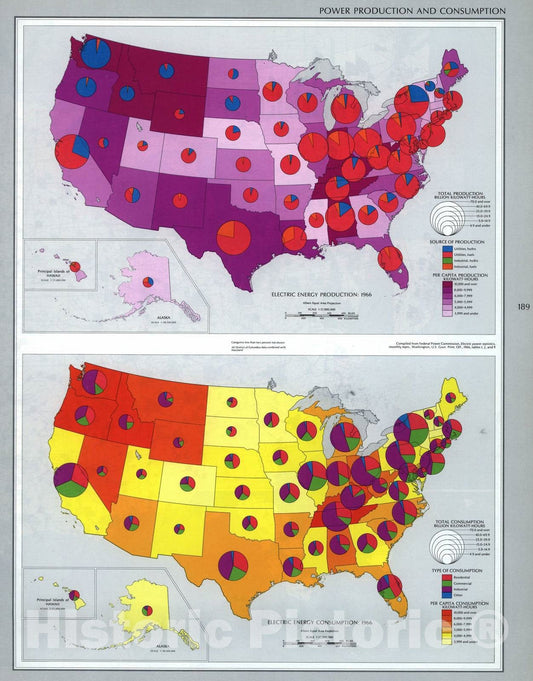 Historic 1970 Map - The National Atlas of The United States of America. - Power and Production Consumption