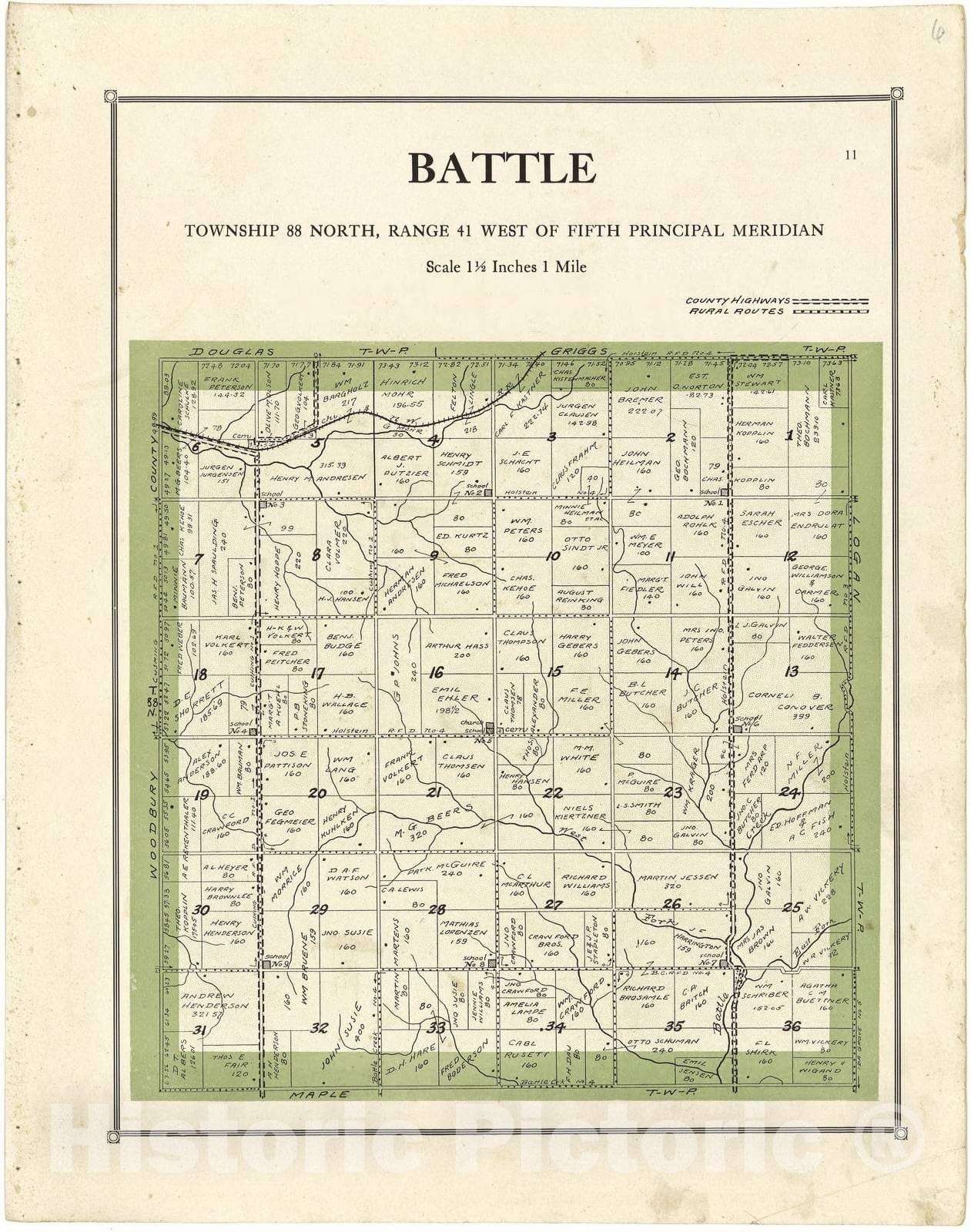 Historic 1920 Map - Atlas of Ida County, Iowa - Battle