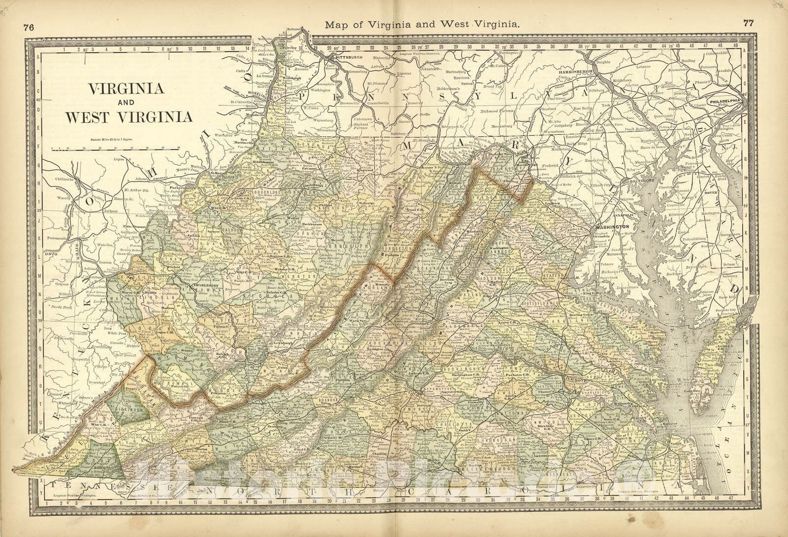 Historic 1882 Map - Historical Hand-Atlas, Illustrated - Map of Virginia and West Virginia - Historical Hand Atlas, Illustrated, General & Local