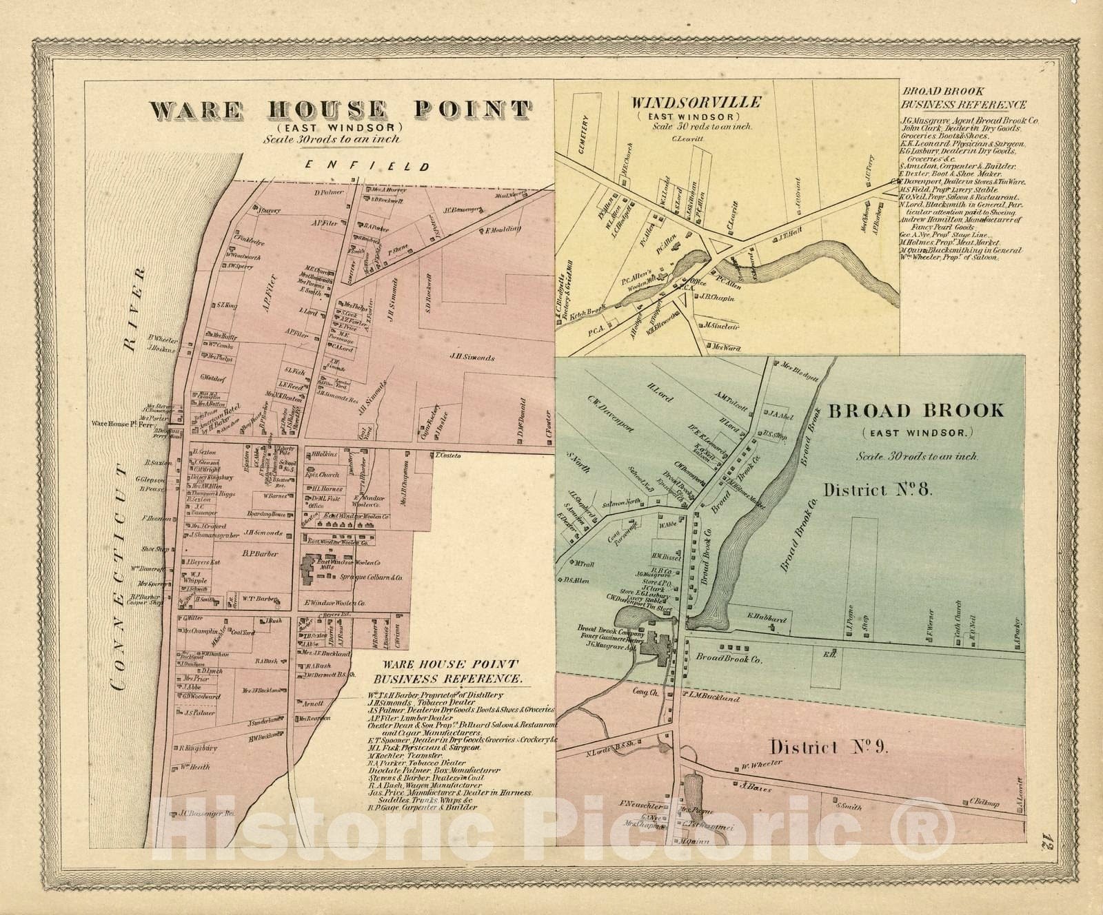 Historic 1869 Map - Atlas of Hartford and Tolland Counties - Ware House Point; Broad Brook - Atlas of Hartford and Tolland Counties, Conn.