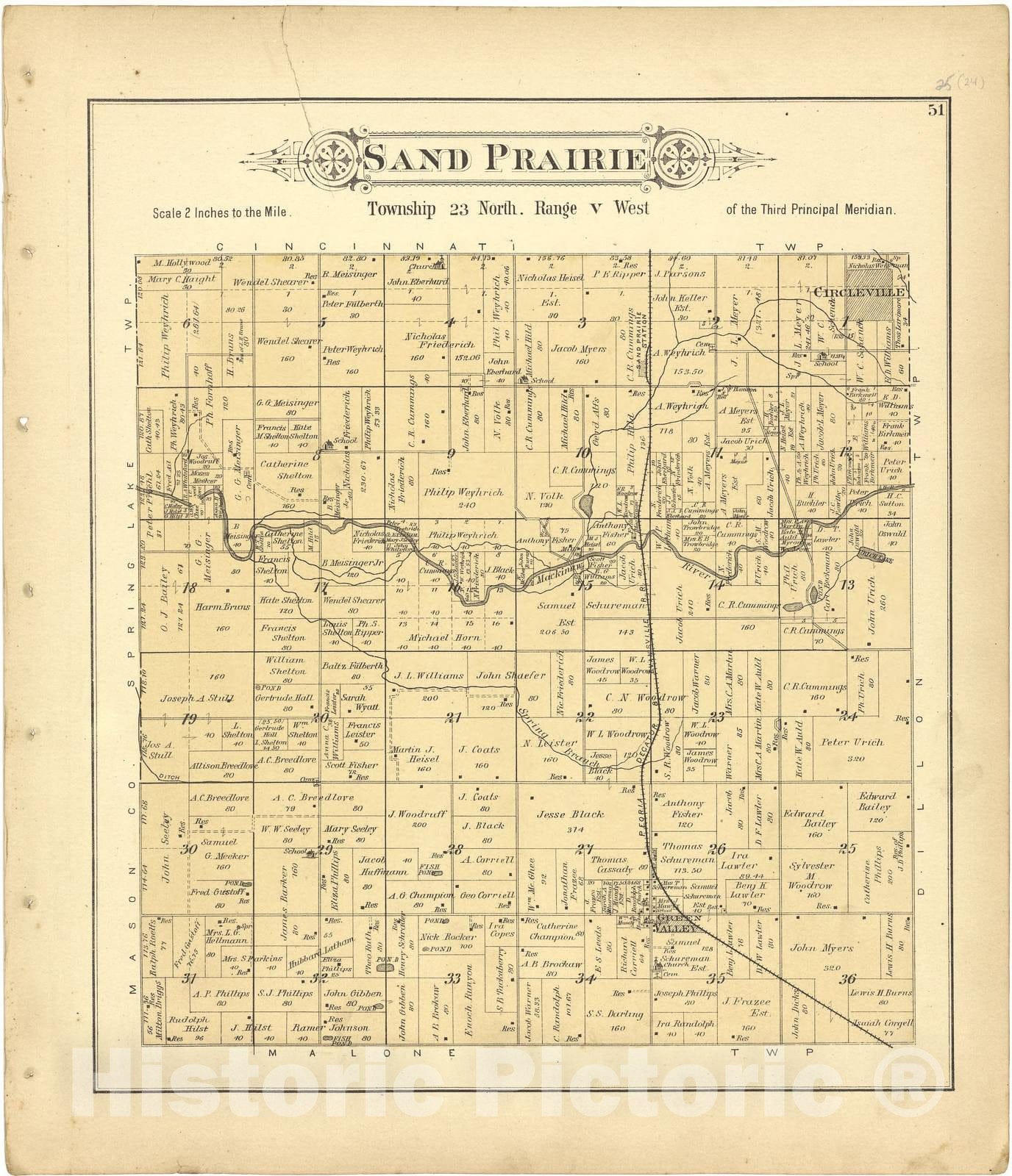 Historic 1891 Map - Plat Book of Tazewell County, Illinois - Sand Prairie