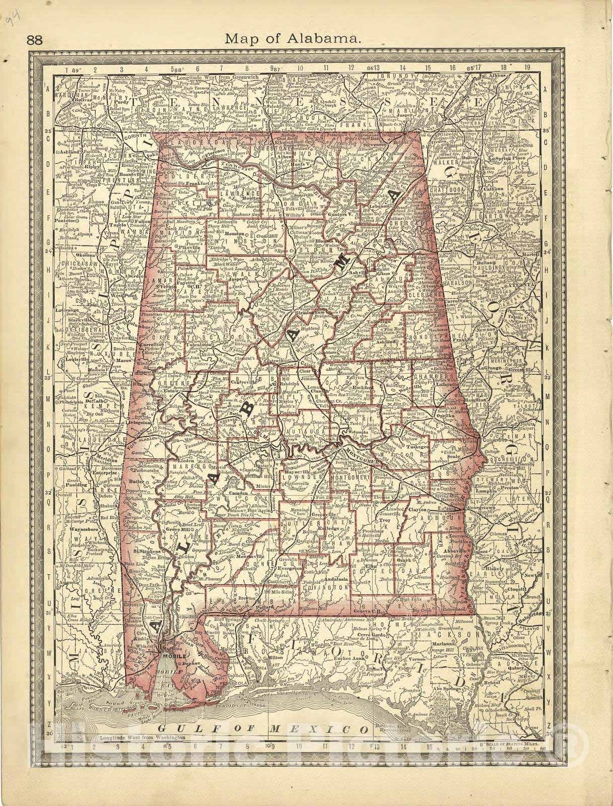 Historic 1881 Map - Historical Hand-Atlas, Illustrated - Map of Alabama - Historical Hand Atlas, Illustrated, General & Local