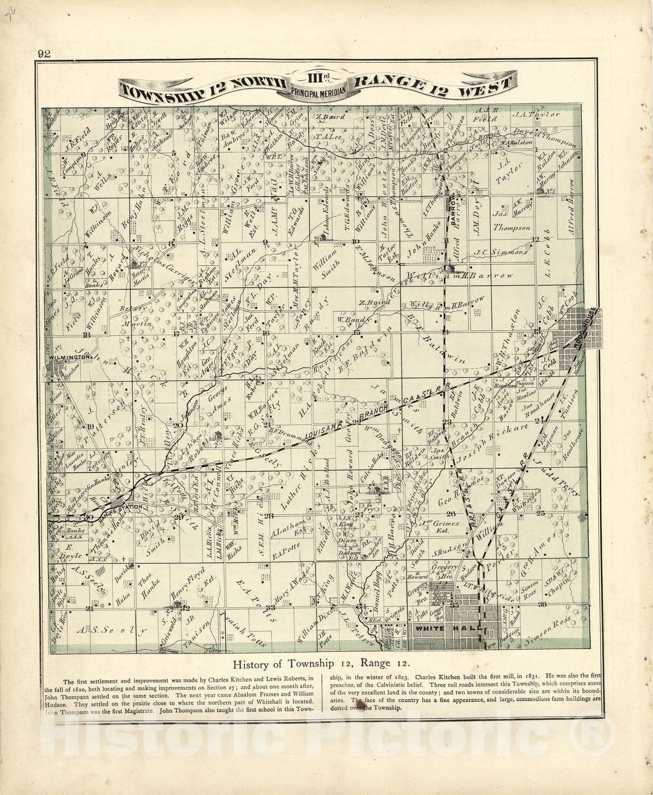 Historic 1873 Map - Atlas map of Greene County, Illinois - Township 12 North Range 11 W