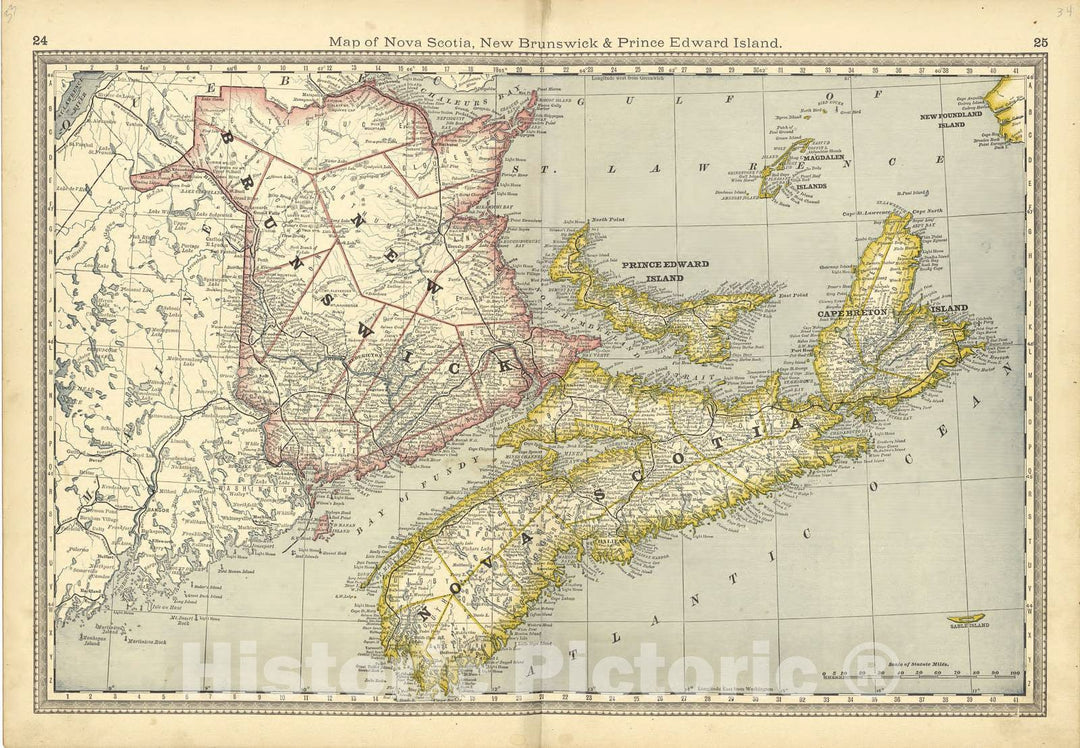 Historic 1881 Map - Historical Hand-Atlas, Illustrated - Map of Nova Scotia, New Brunswick & Prince Edward Island - Historical Hand Atlas, Illustrated, General & Local