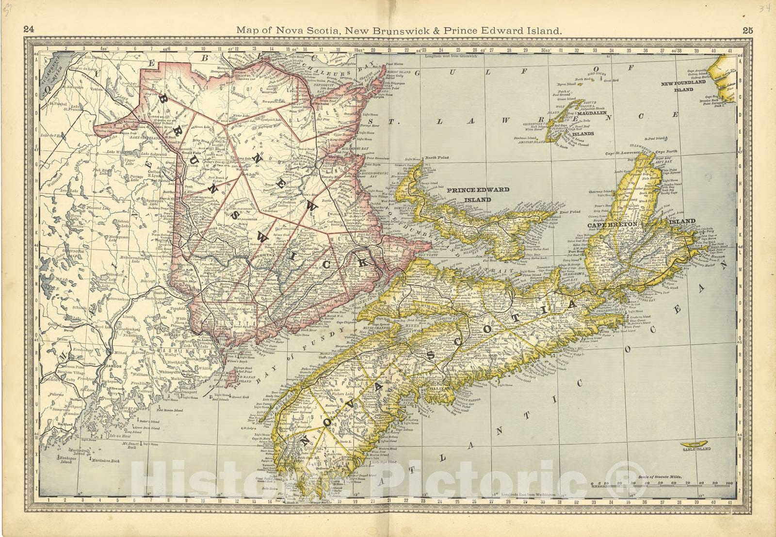Historic 1881 Map - Historical Hand-Atlas, Illustrated - Map of Nova Scotia, New Brunswick & Prince Edward Island - Historical Hand Atlas, Illustrated, General & Local