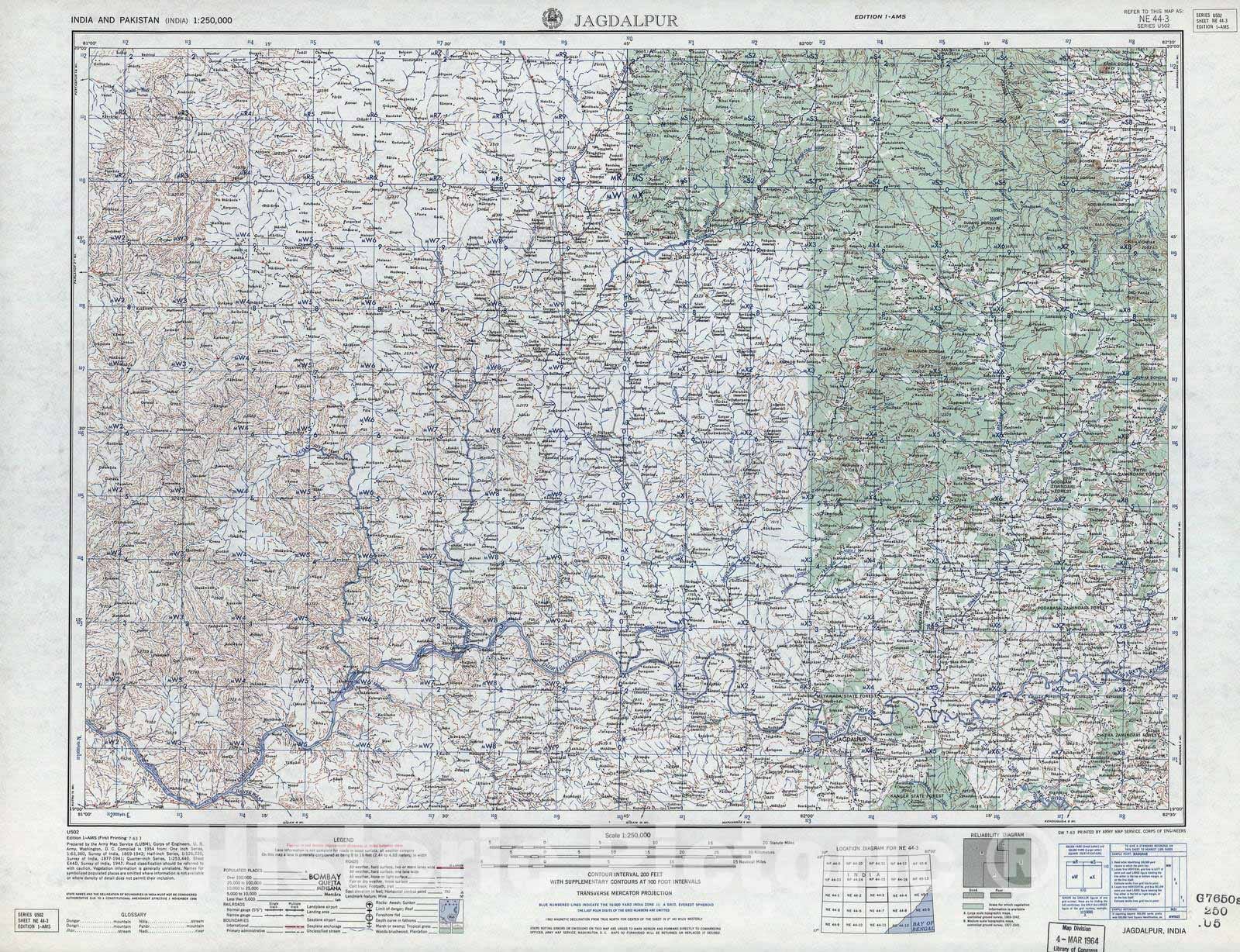 Historic 1955 Map - India and Pakistan 1:250,000. - Jagdalpur, 1963