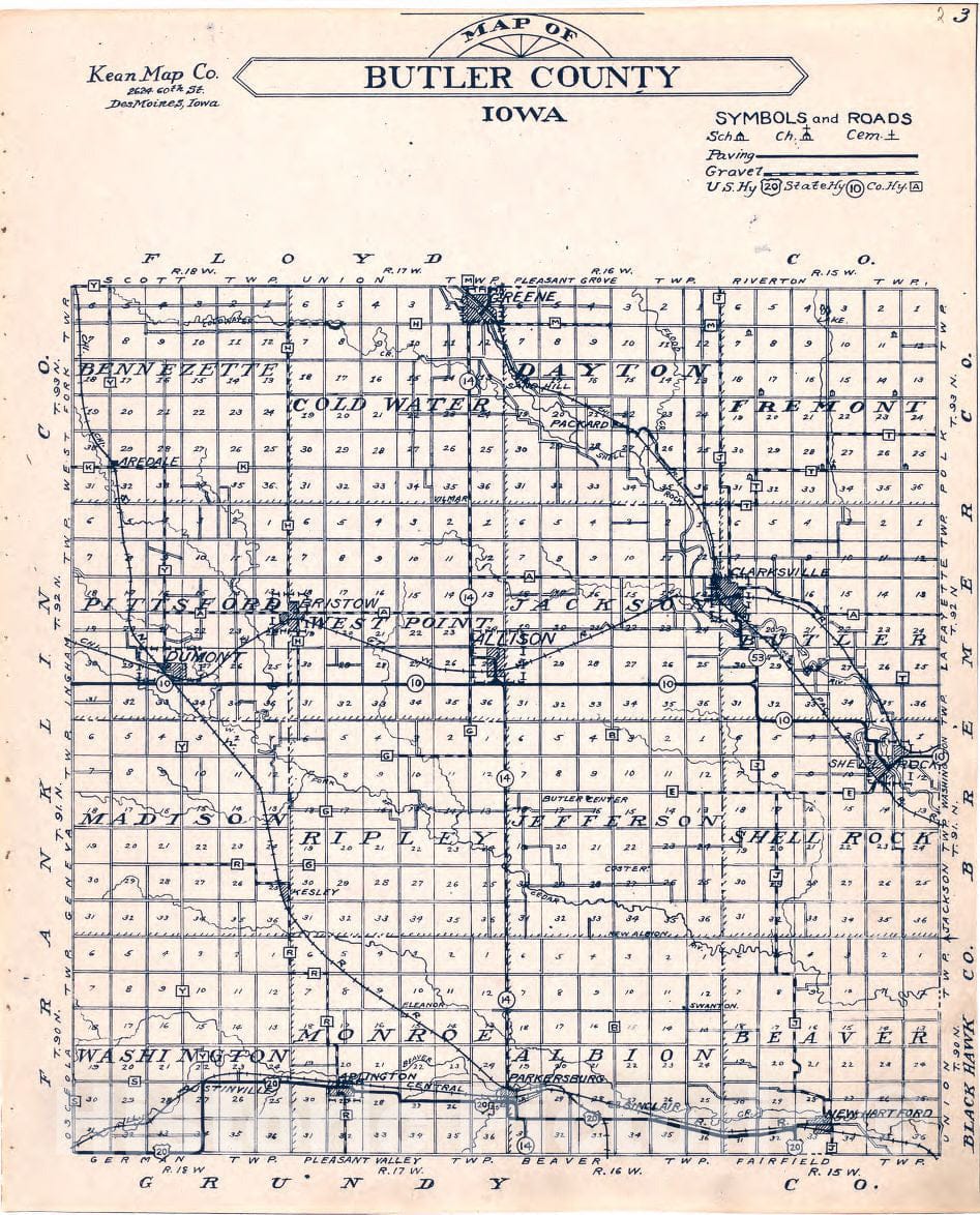 Historic 1930 Map - Atlas of Butler County, Iowa. - Map of Butler County Iowa