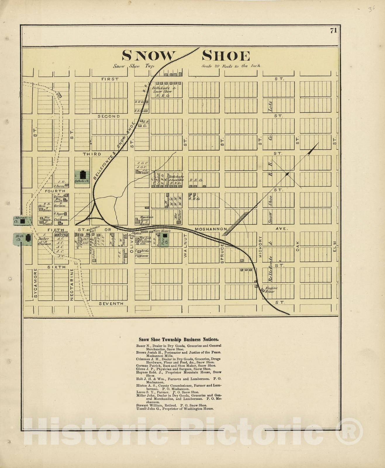 Historic 1874 Map - Atlas of Centre County, Pennsylvania - Snow Shoe; Moshannon Mills