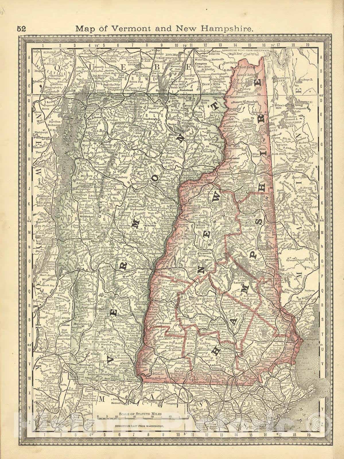 Historic 1881 Map - Historical Hand-Atlas, Illustrated - Map of Vermont and New Hampshire - Historical Hand Atlas, Illustrated, General & Local