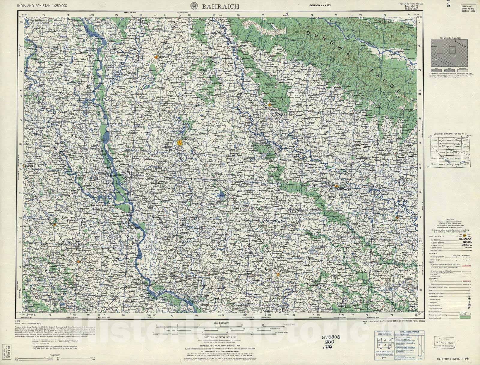 Historic 1955 Map - India and Pakistan 1:250,000. - Bahraich, India, Nepal 1958