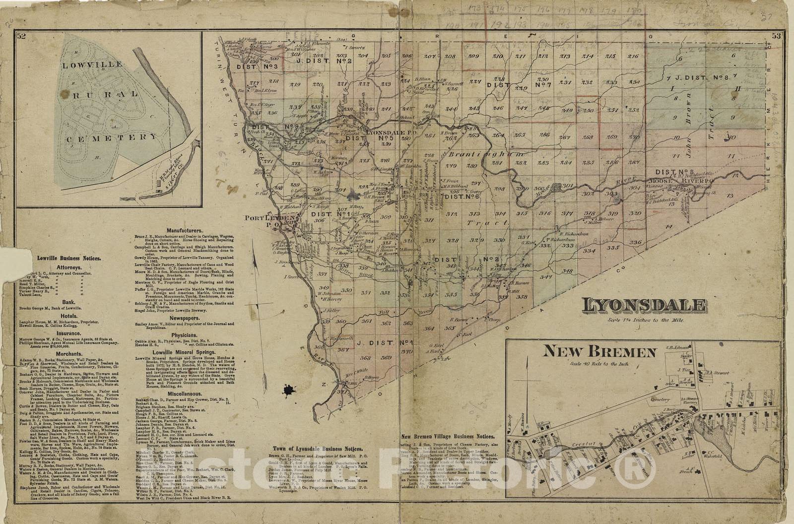 Historic 1875 Map - Atlas of Lewis Co, New York - Lyonsdale; New Bremen - Atlas of Lewis County, New York