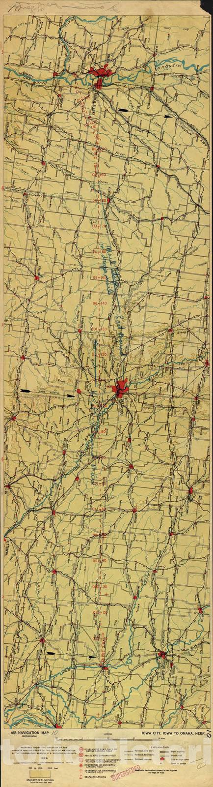 Historic 1924 Map - Aeronautical Strip maps of The United States. - No. 10, 1924 - Air Corps map