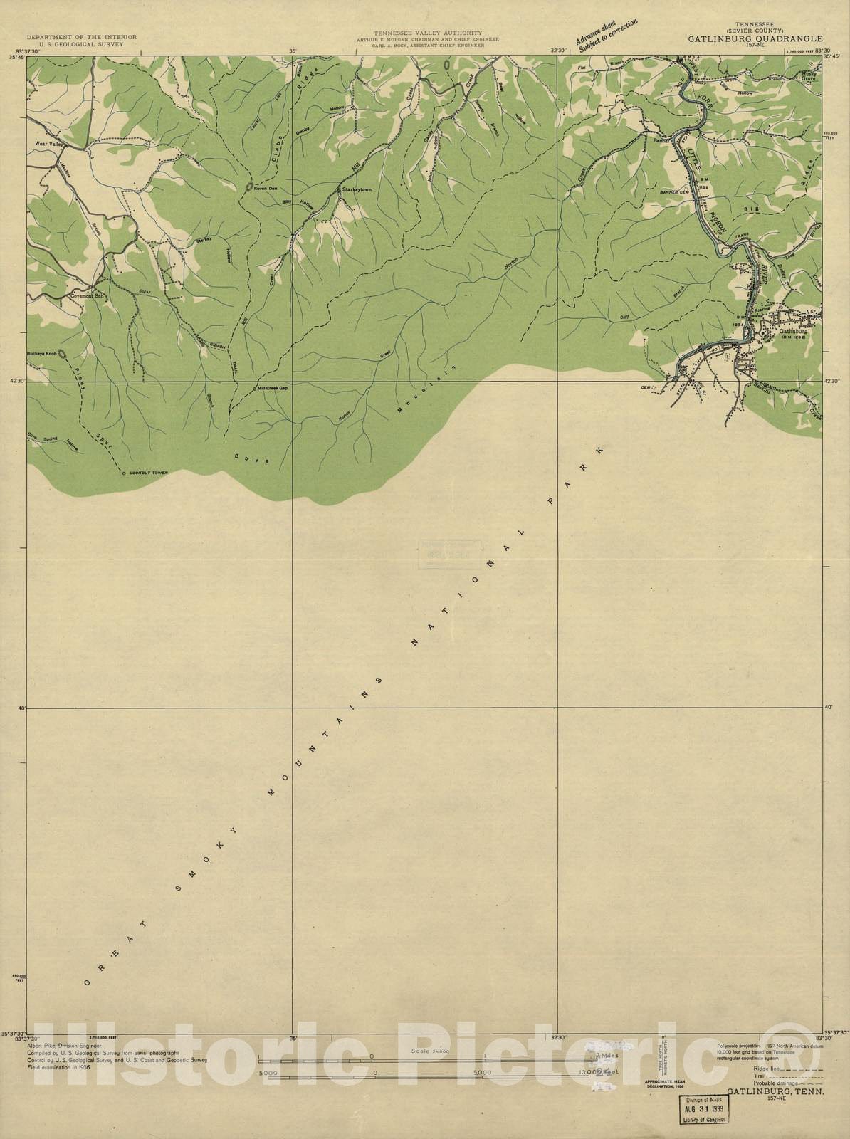 Historic 1935 Map - Tennessee. - Scale 1:24,000 (1936) - Gatlinburg