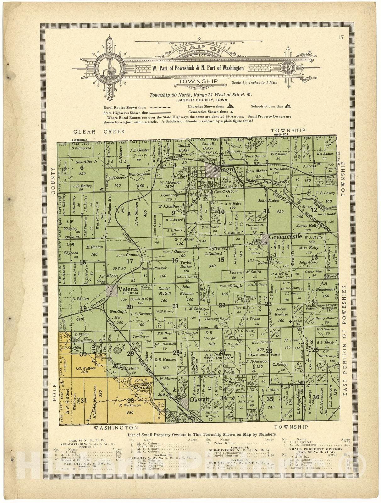 Historic 1914 Map - Atlas and plat Book of Jasper County, Iowa - Map of W. Part of Poweshiek & N. Part of Washington Township - Standard Atlas and Directory of Jasper County, Iowa