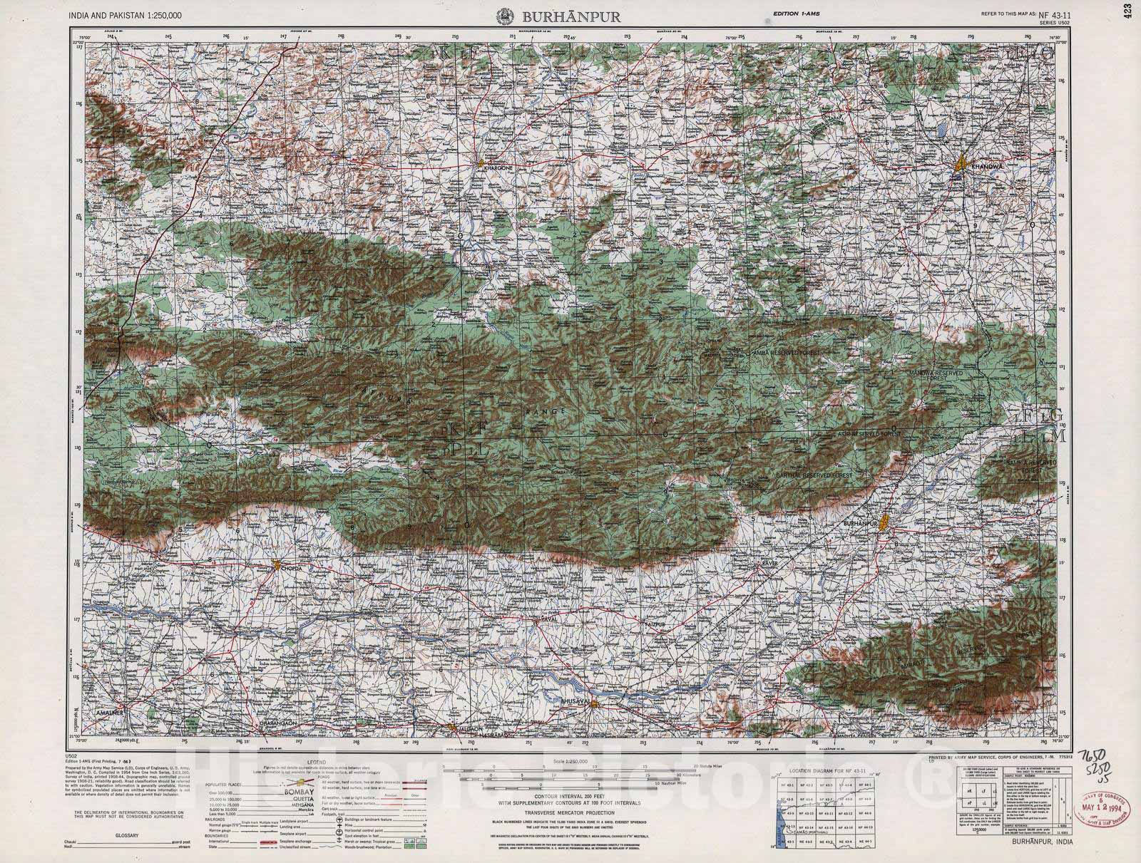 Historic 1955 Map - India and Pakistan 1:250,000. - Burhanpur, 1956