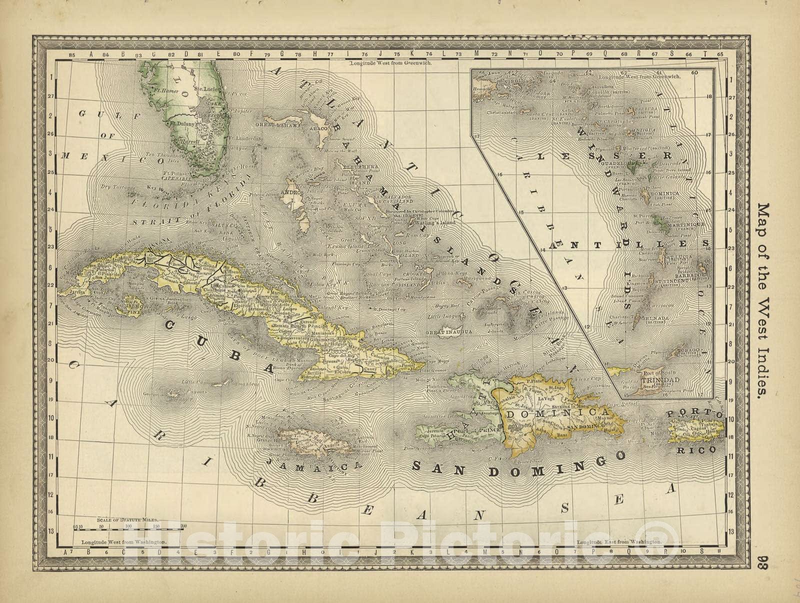 Historic 1882 Map - Historical Hand-Atlas, Illustrated - Map of The West Indies - Historical Hand Atlas, Illustrated, General & Local