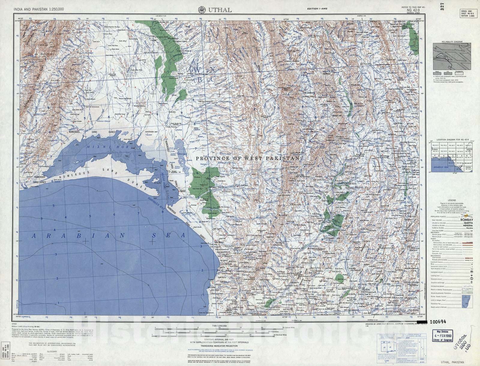 Historic 1955 Map - India and Pakistan 1:250,000. - Uthal, Pakistan 1959