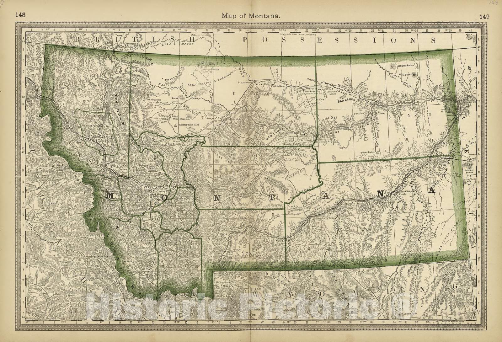 Historic 1882 Map - Historical Hand-Atlas, Illustrated - Map of Montana - Historical Hand Atlas, Illustrated, General & Local