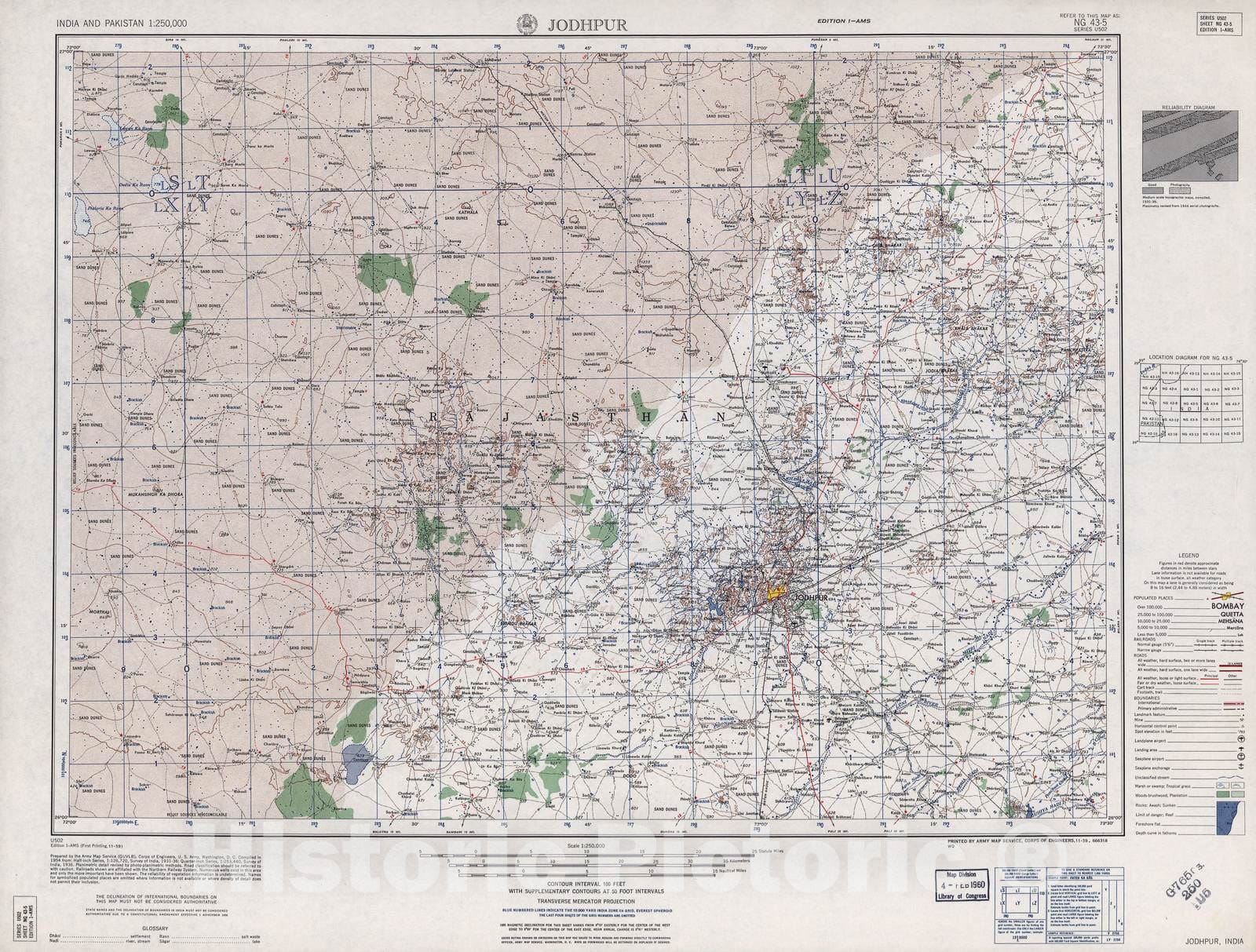 Historic 1955 Map - India and Pakistan 1:250,000. - Jodhpur, India 1959