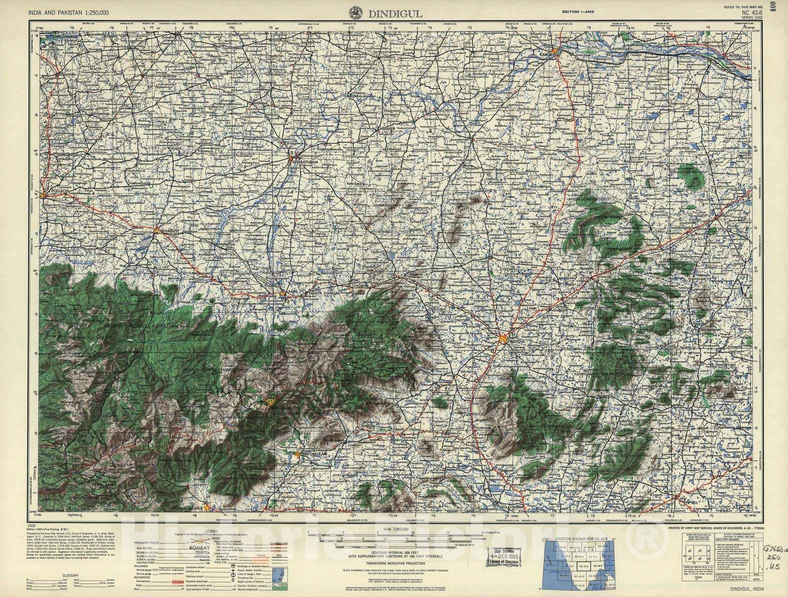 Historic 1955 Map - India and Pakistan 1:250,000. - Dindigul, 1955
