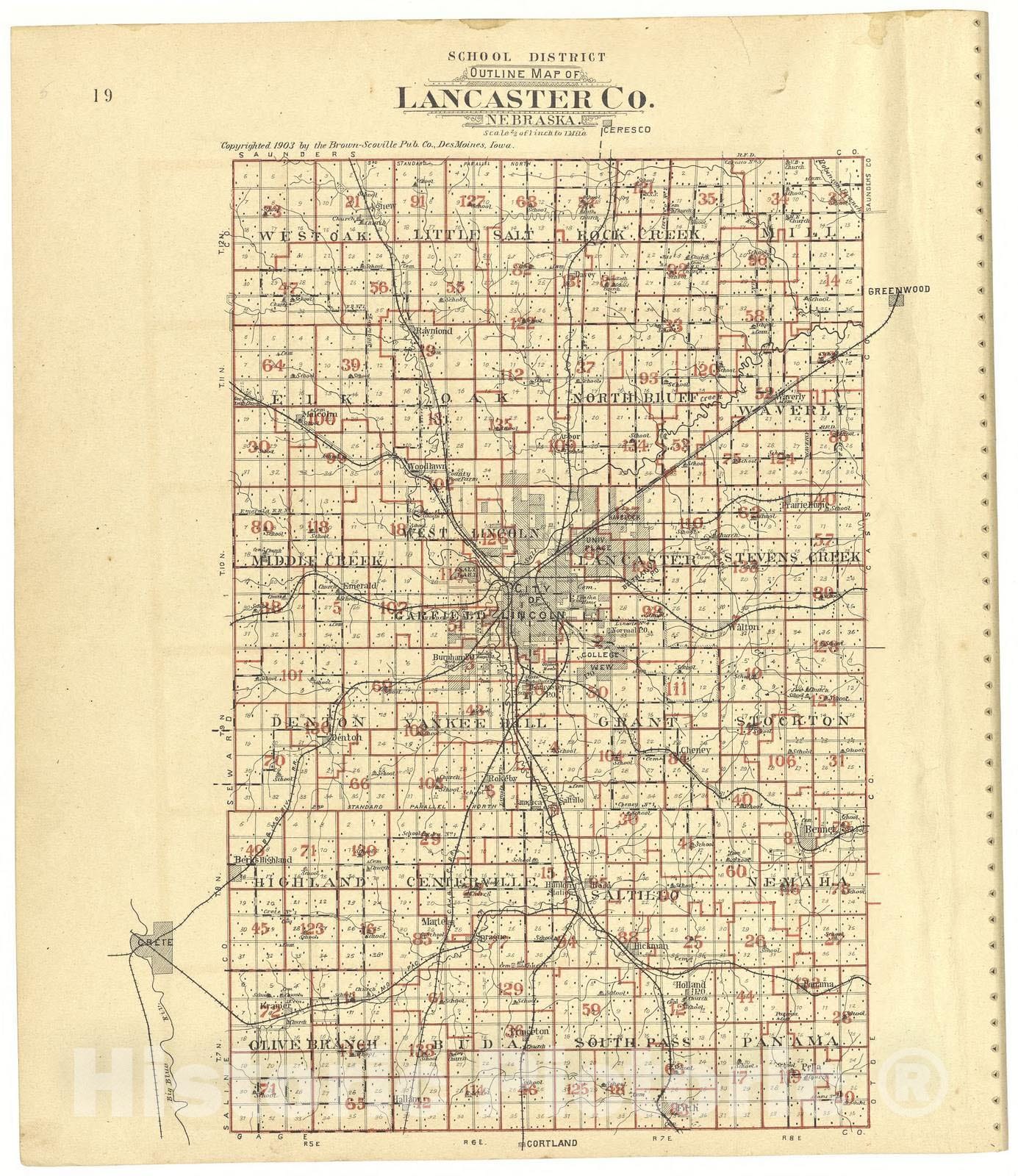 Historic 1903 Map - Plat Book of Lancaster County, Nebraska - School District Outline Map of Lancaster County, Nebraska