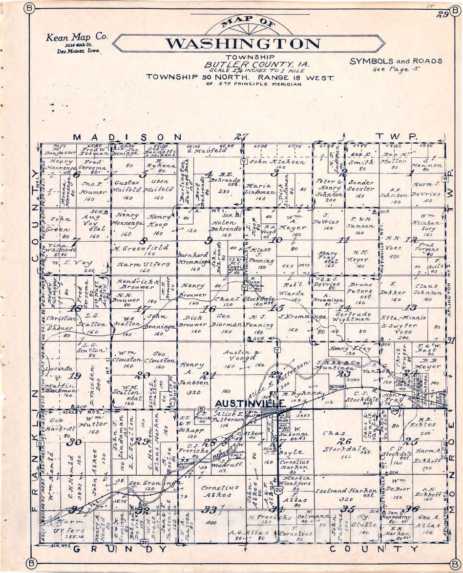 Historic 1930 Map - Atlas of Butler County, Iowa. - Map of Washington Township Butler County, Iowa