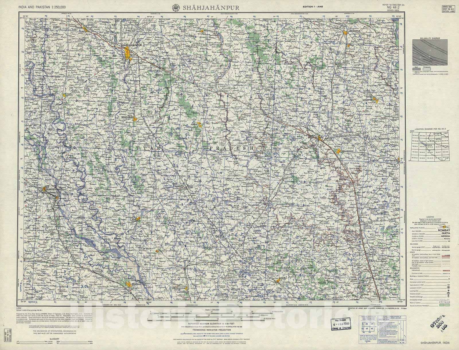 Historic 1955 Map - India and Pakistan 1:250,000. - Shahjahanpur, India 1959
