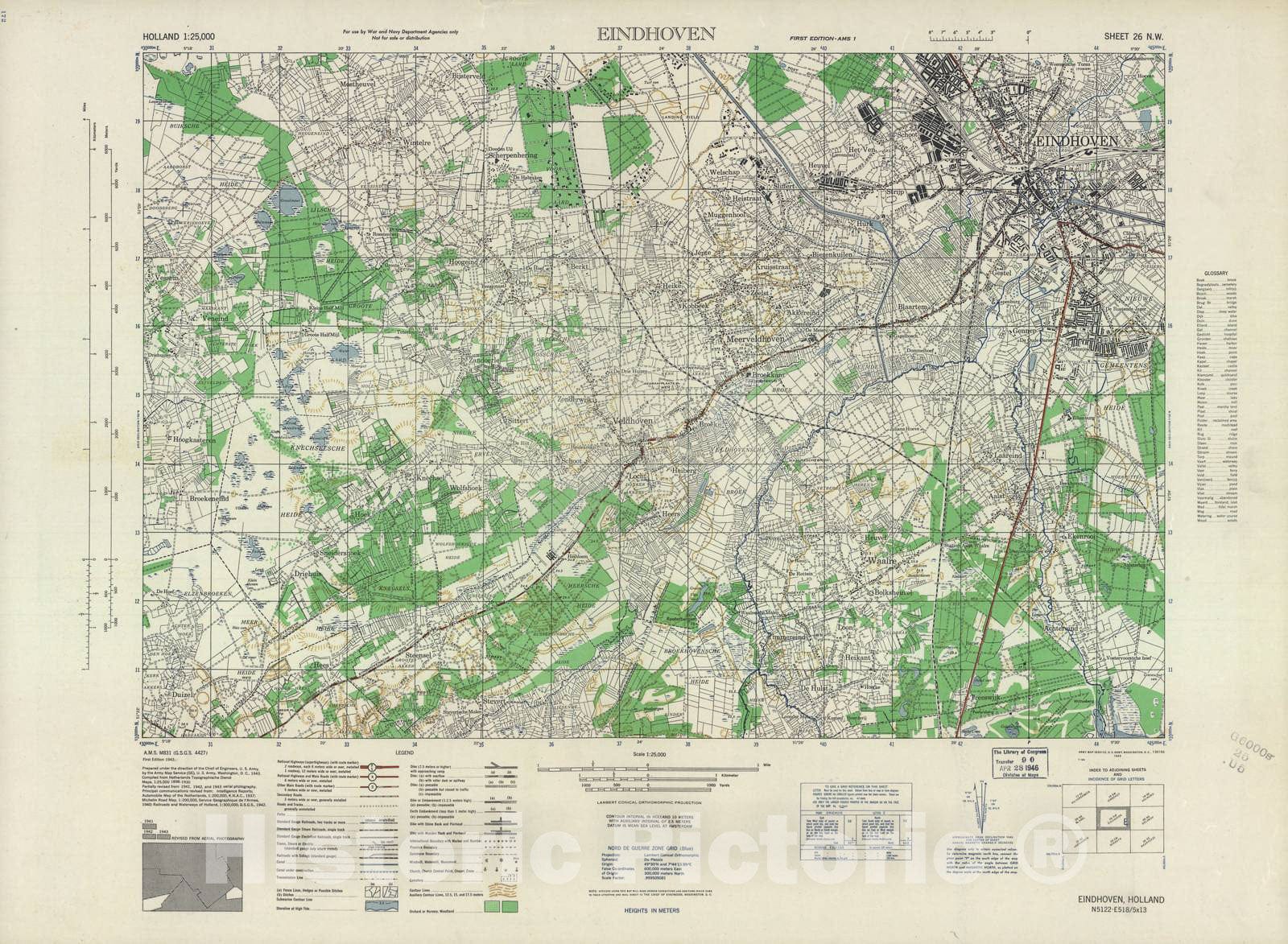 Historic 1943 Map - Holland 1:25,000 - Eindhoven, Holland - A.M.S. M831