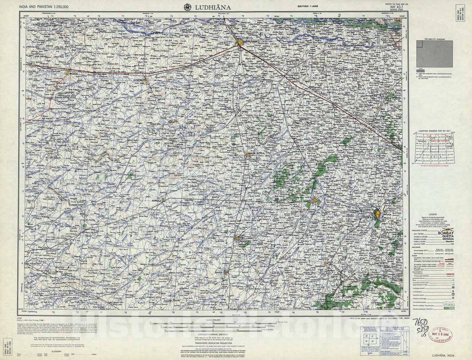 Historic 1955 Map - India and Pakistan 1:250,000. - Ludhiana, India 1959