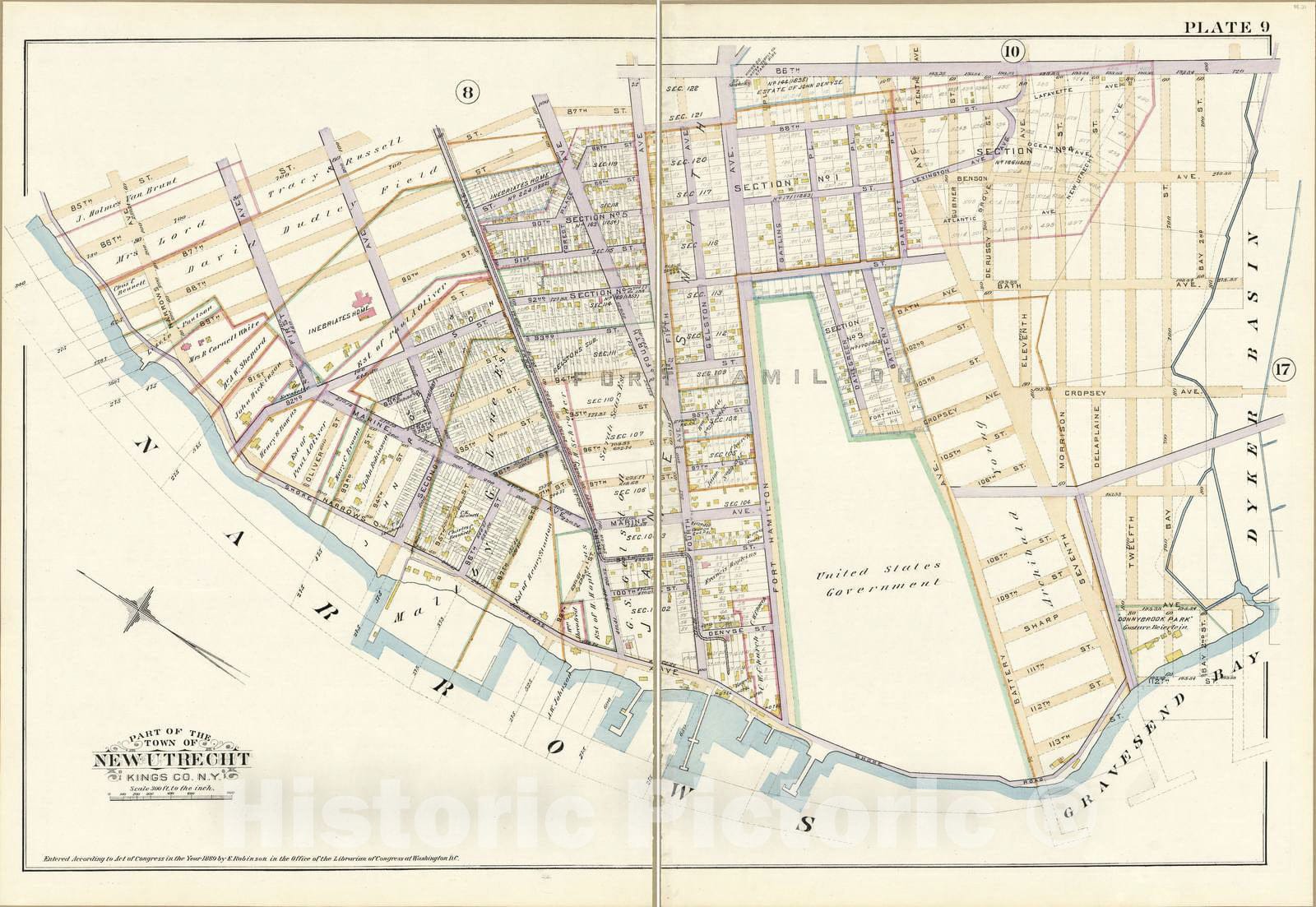 Historic 1890 Map - Robinson's Atlas of Kings County, New York - Plate 9 - Part of The Town of New Utrecht, Kings Co, N.Y.