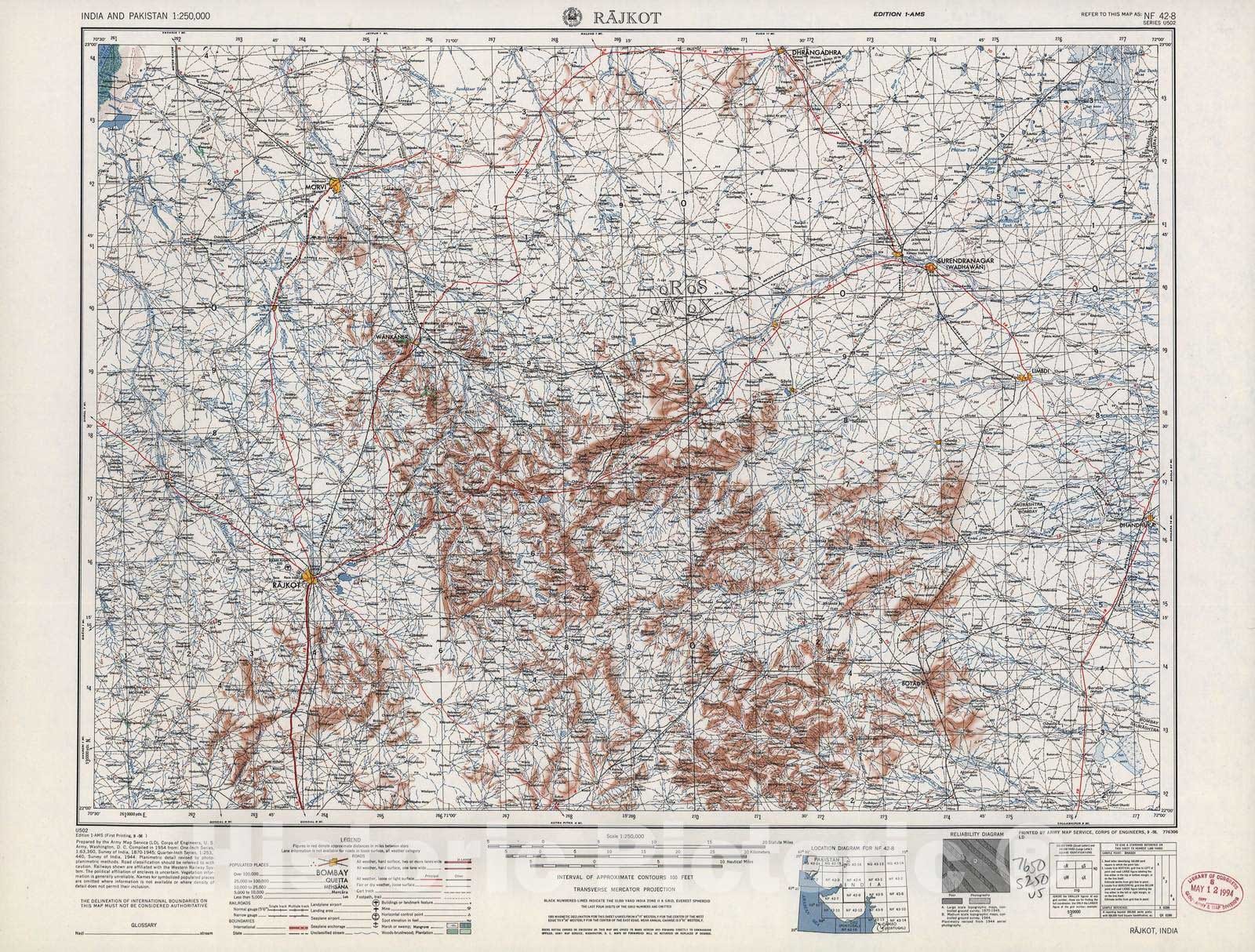 Historic 1955 Map - India and Pakistan 1:250,000. - Rajkot, 1956