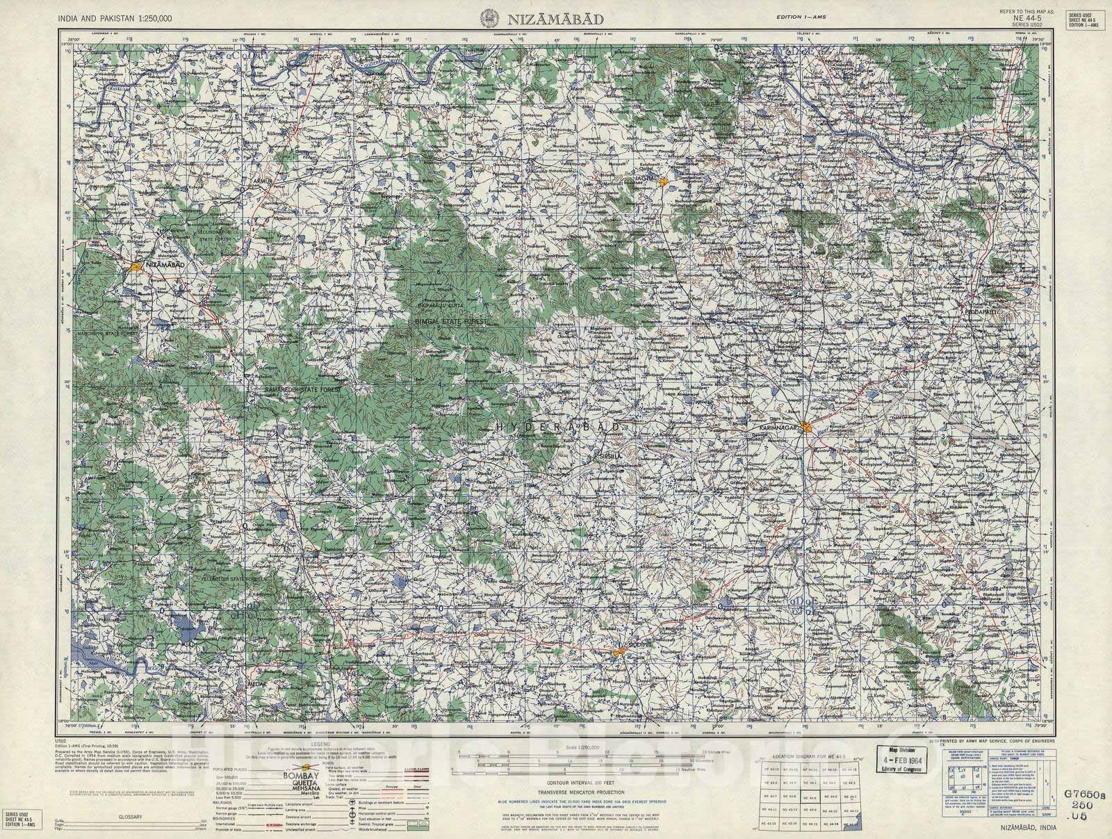 Historic 1955 Map - India and Pakistan 1:250,000. - Nizamabad, 1959