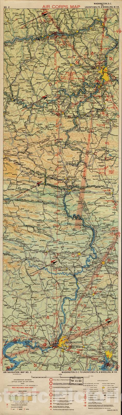 Historic 1924 Map - Aeronautical Strip maps of The United States. - No. 2 Recto, 1930 - rev. Mar. 1934 - Air Corps map