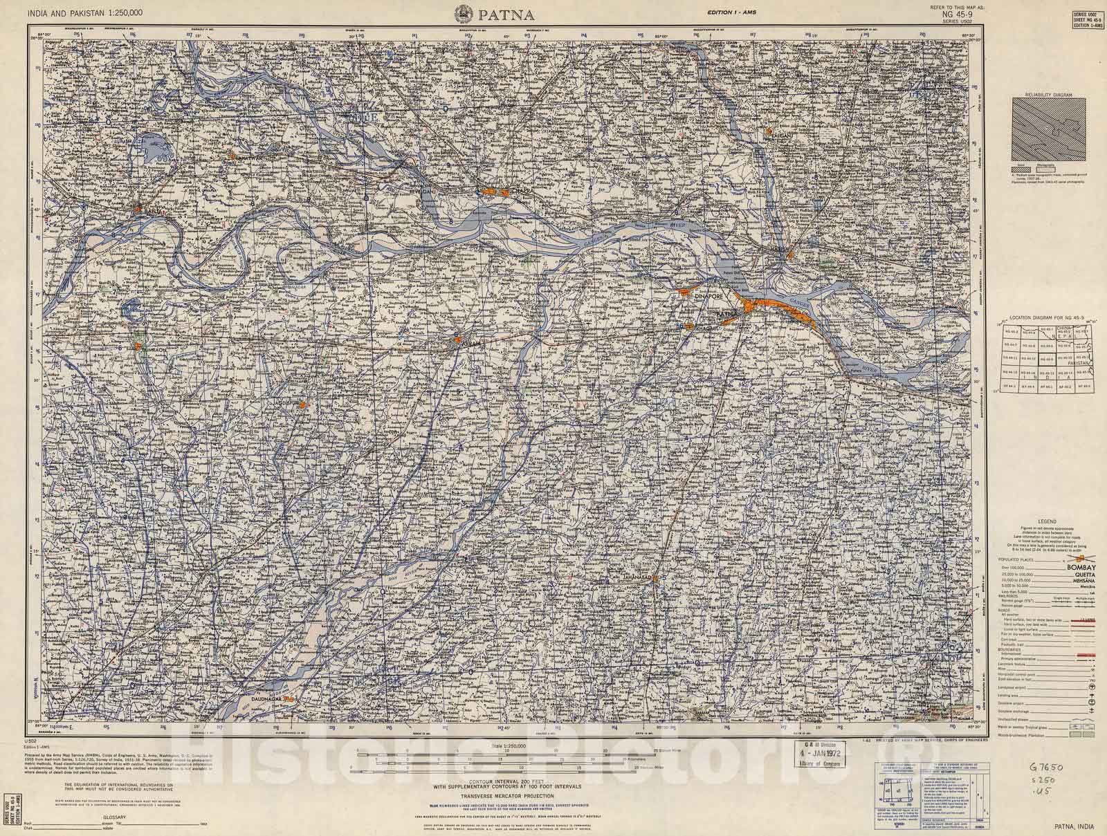 Historic 1955 Map - India and Pakistan 1:250,000. - Patna, India 1963