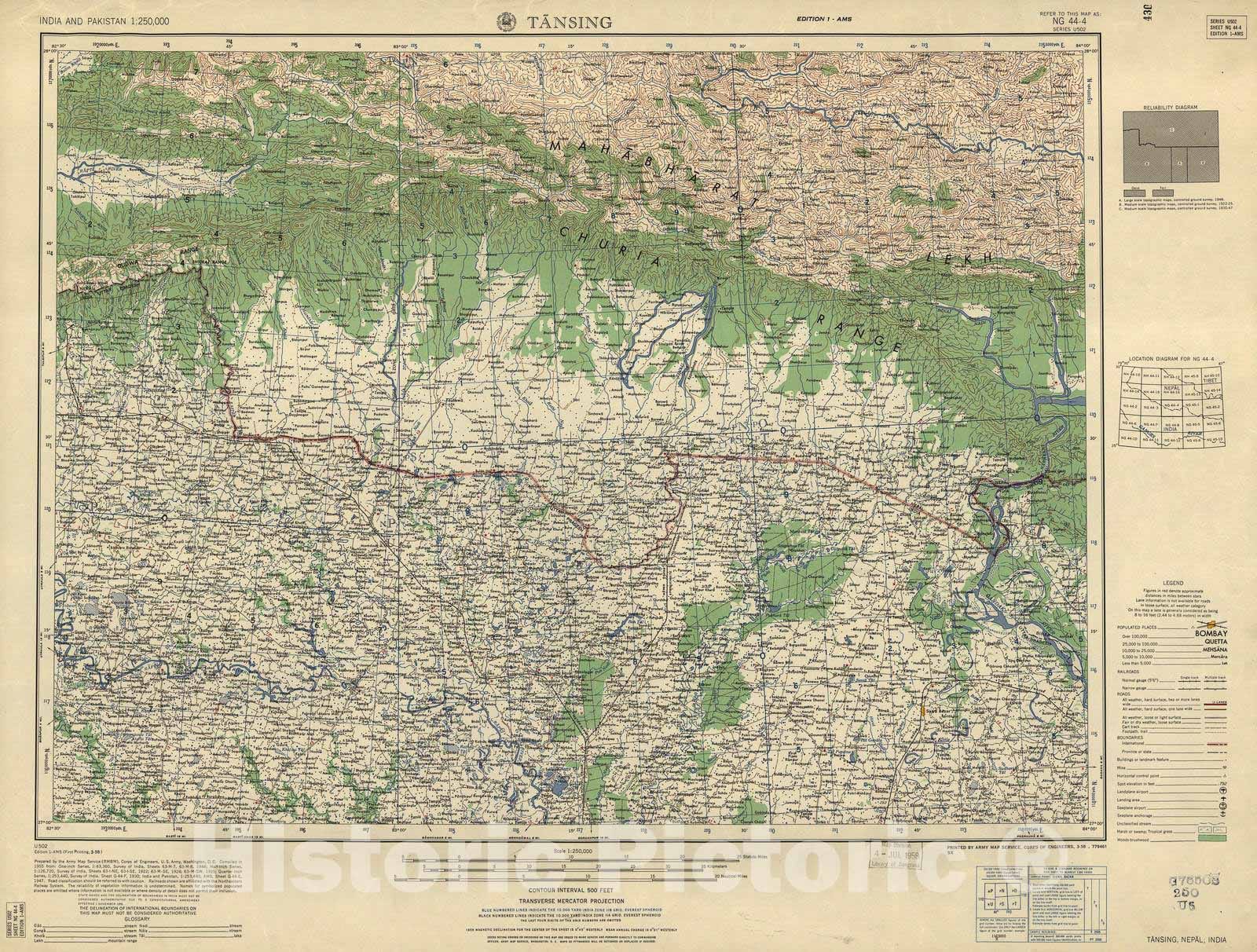 Historic 1955 Map - India and Pakistan 1:250,000. - Tansing, Nepal, India 1958