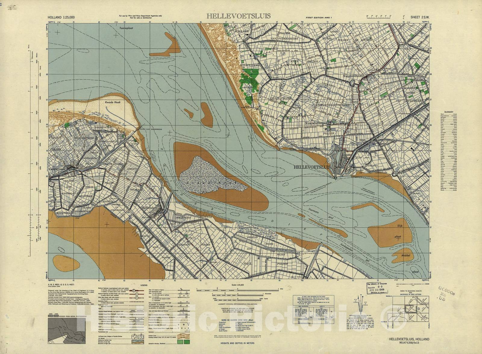 Historic 1943 Map - Holland 1:25,000 - Hellevoetsluis, Holland - A.M.S. M831