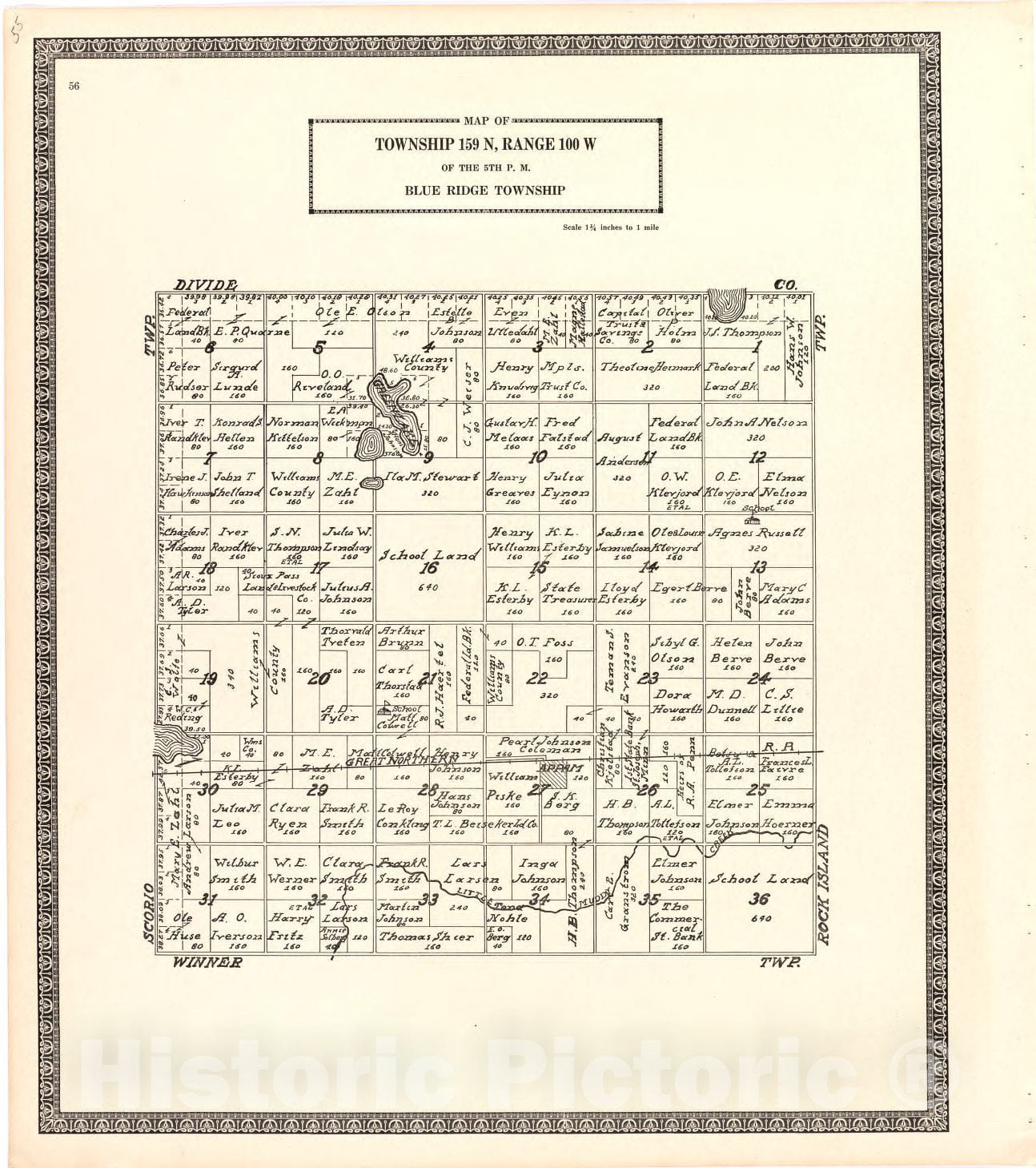 Historic 1937 Map - Atlas, Williams County, North Dakota. - Map of Township 159 N, Range 96 W of The 5th P.M. Big Meadow Township - Atlas of Williams County, North Dakota